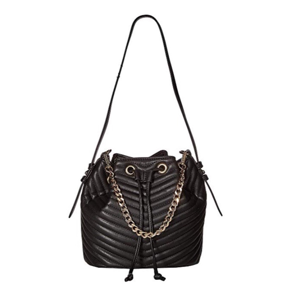 Black chevron bucket bag with silver chain